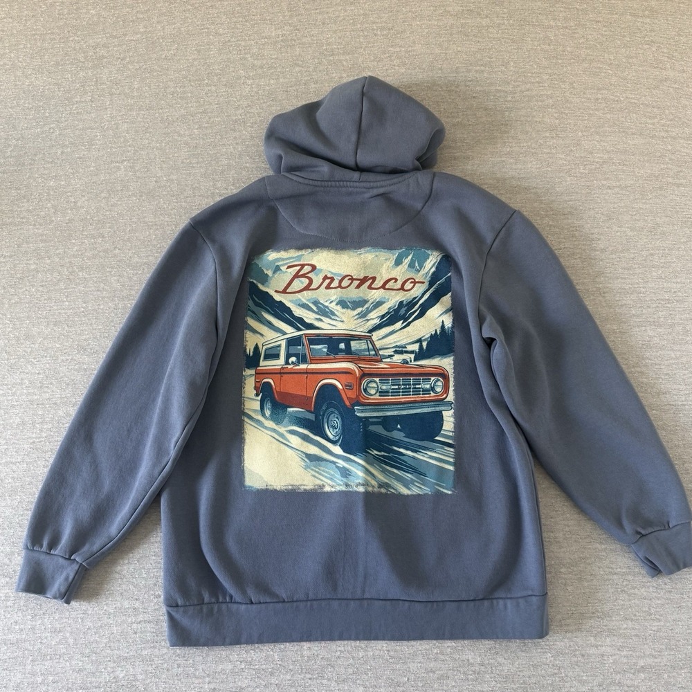 Ford Bronco Mens Hoodie Pullover Sweatshirt Size Large Blue Classic Car LICENSED